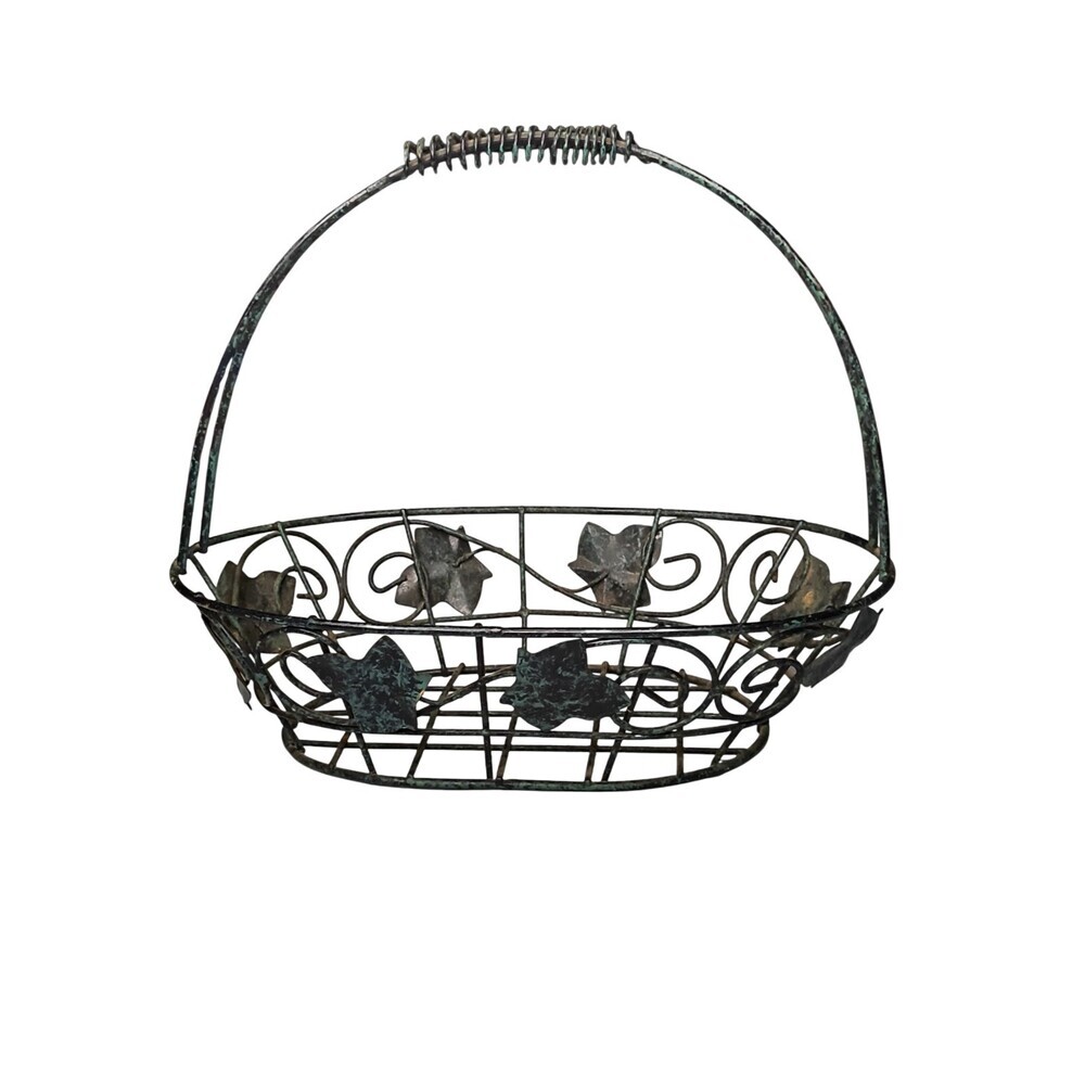 Decorative Wire Basket With Antique Green Leaf Accents Center Piece Egg Gather